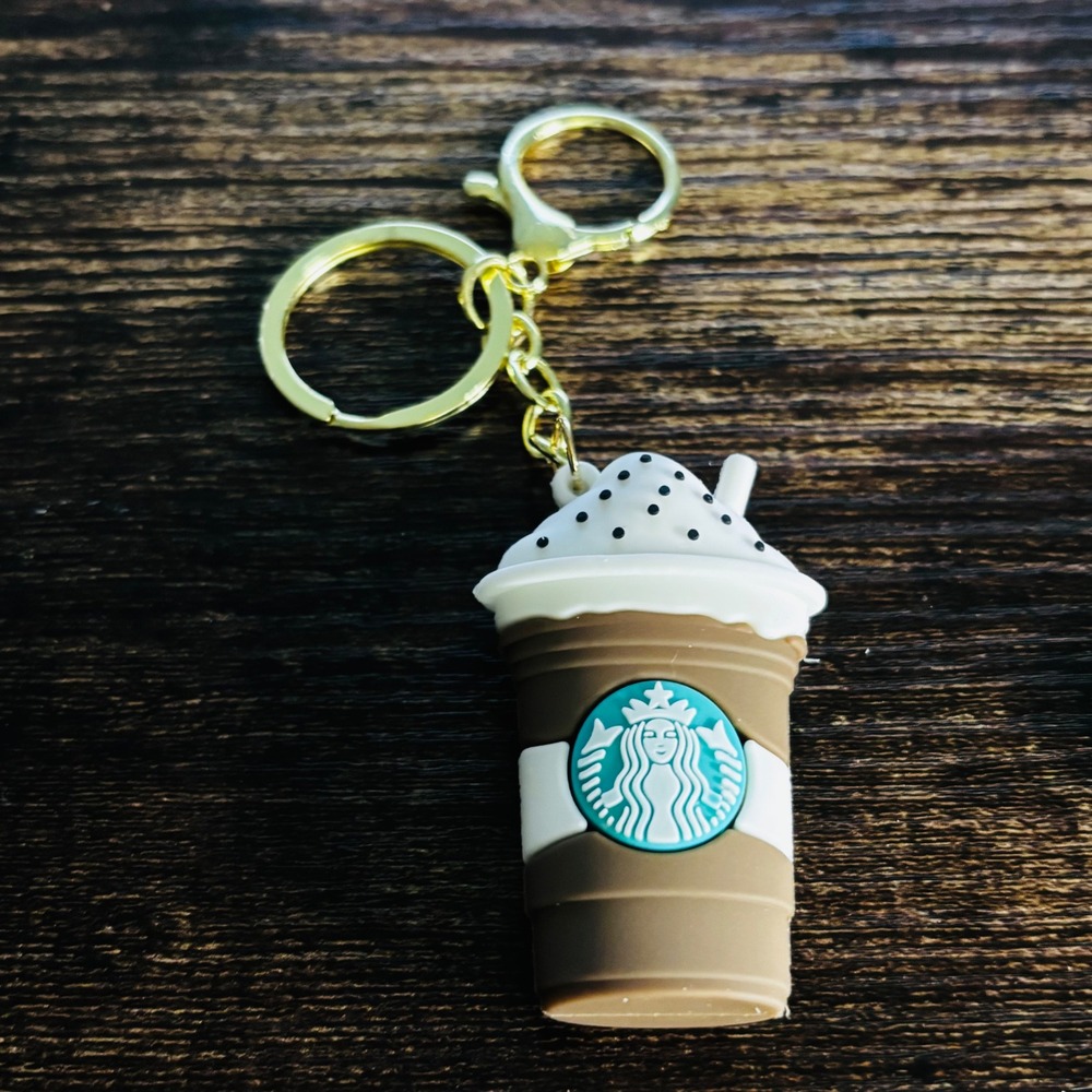 Starbucks Frappuccino Coffee Cup Keychain 3D Rubber Bag Charm Gold Tone Clasp